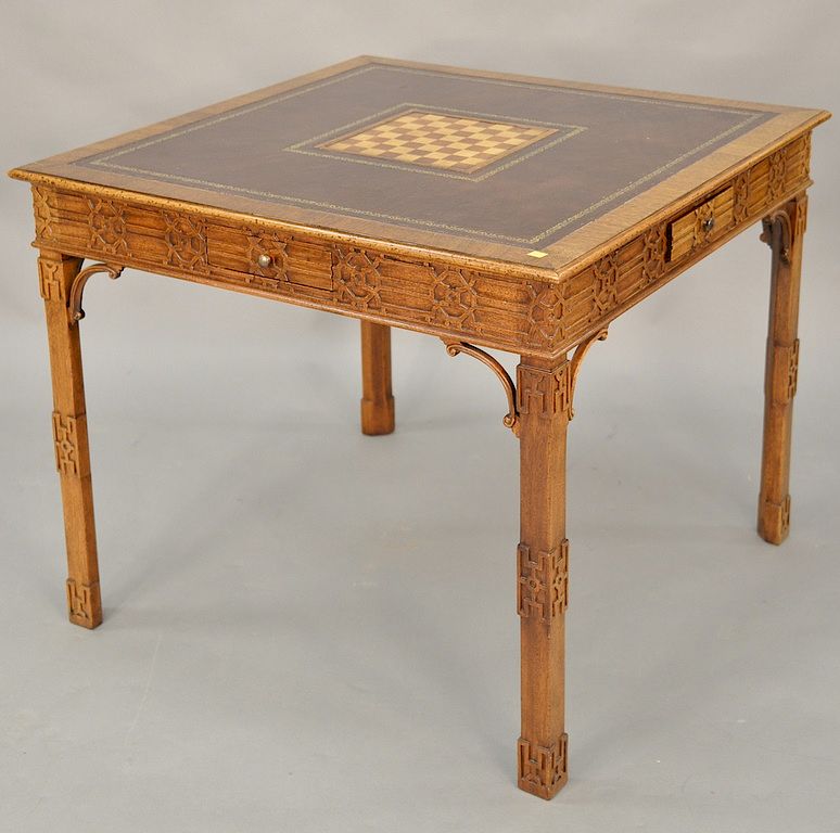 Appraisal: Mahogany Chinese Chippendale style games table with inlaid checkerboard center