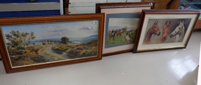 Appraisal: Three large framed prints depicting hunting scenes landscape scene and