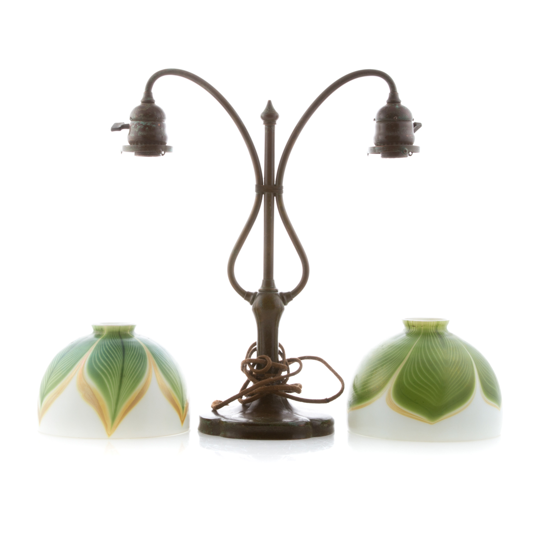 Appraisal: Tiffany style patinated copper lamp double-socket student type lamp with