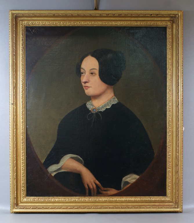 Appraisal: Unsigned oil on canvas portrait of a woman with lace