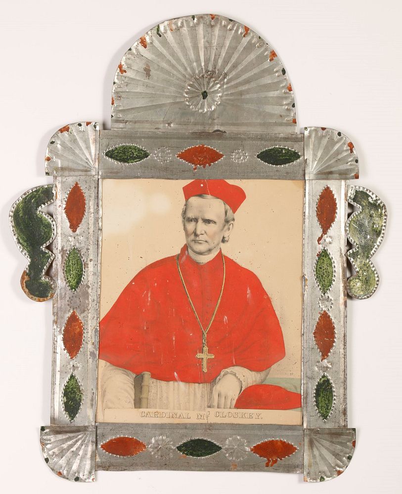 Appraisal: Tin Frame with Cardinal Print ca Attributed to Valencia Red