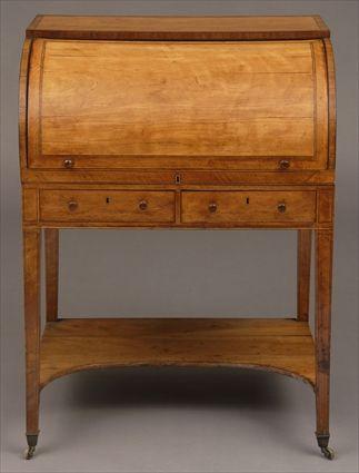 Appraisal: LATE GEORGE III SATINWOOD AND TULIPWOOD CROSS-BANDED ROLL-TOP DESK The