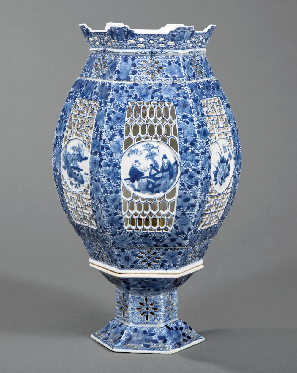 Appraisal: Chinese Blue and White Porcelain Lantern-Form Table Lamp Republic Period