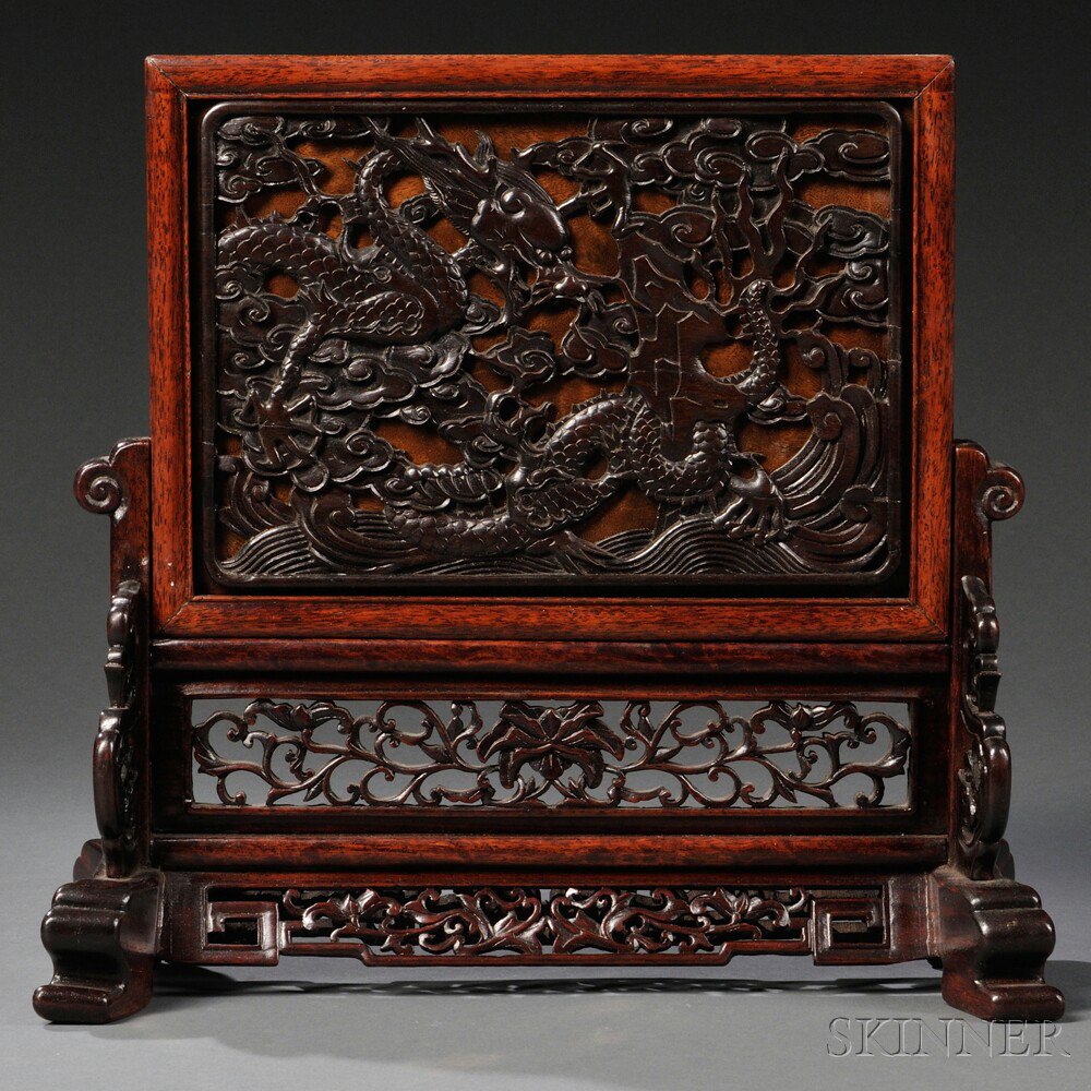 Appraisal: Carved Wood Table Screen with Dragons China th century with