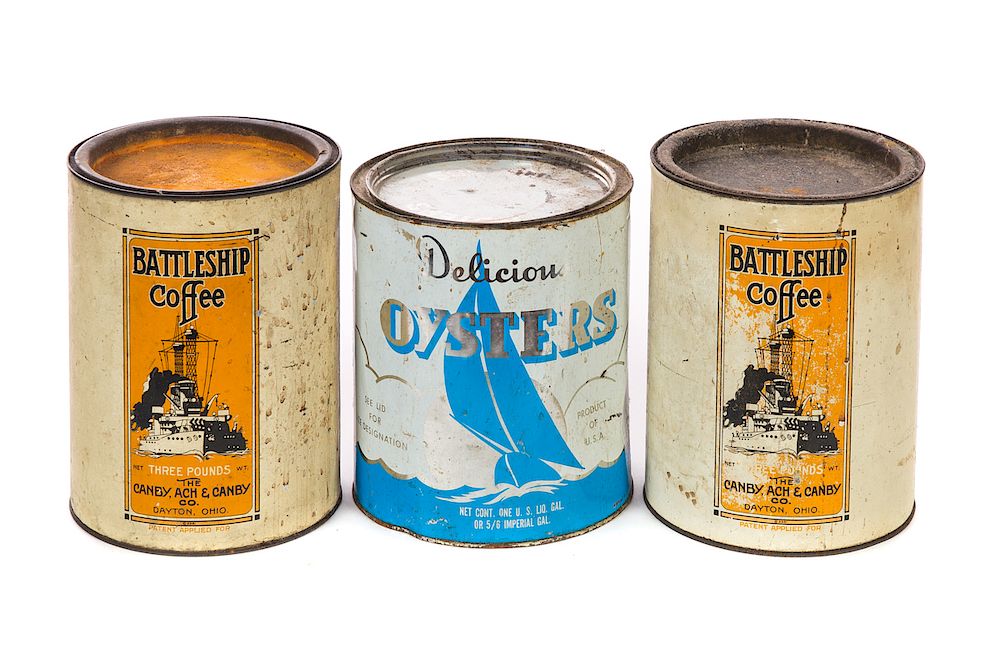 Appraisal: Tin Containers Battleship Coffee and Delicious Oysters Good original condition