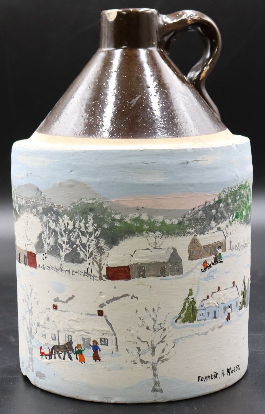 Appraisal: FOREST KING MOSES AMERICAN - Hand painted American stoneware jug