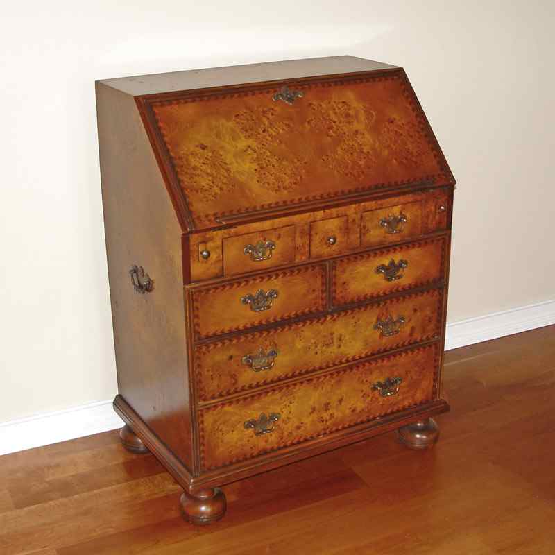 Appraisal: PARQUETRY INLAY BURLED DROP FRONT SECRETARY DESK Compartmented interior of