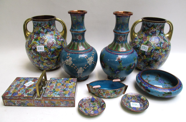 Appraisal: NINE PIECES OF CLOISONNE vases box bowls and small dishes