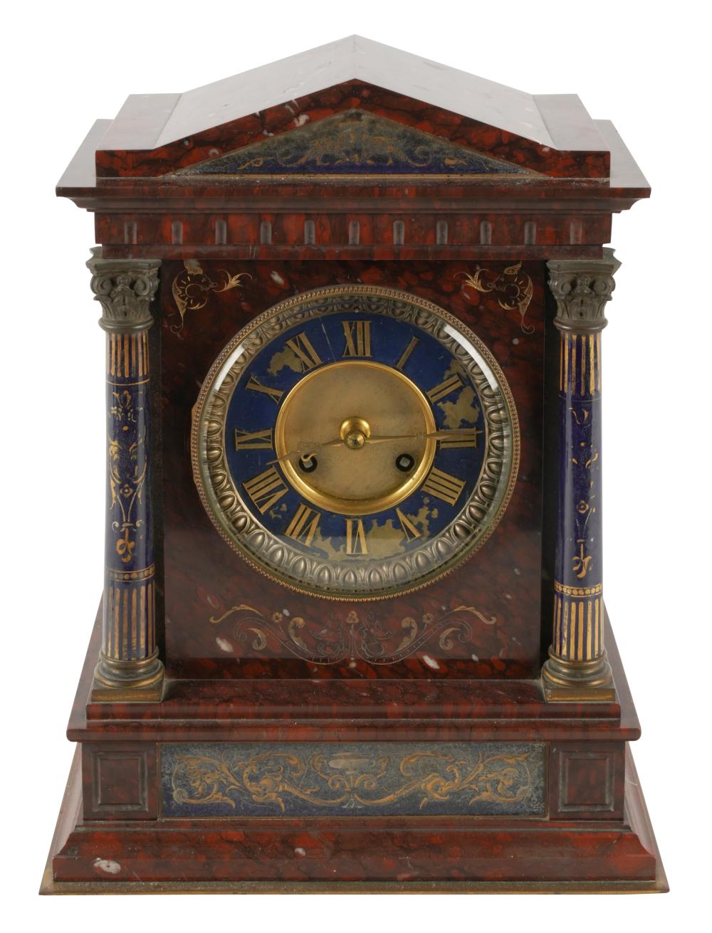 Appraisal: ROUGE MARBLE MANTEL CLOCKthe dial and movement unsigned with key