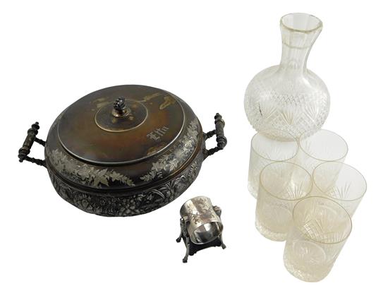 Appraisal: Assortment of decorative arts eight pieces cut glass decanter and