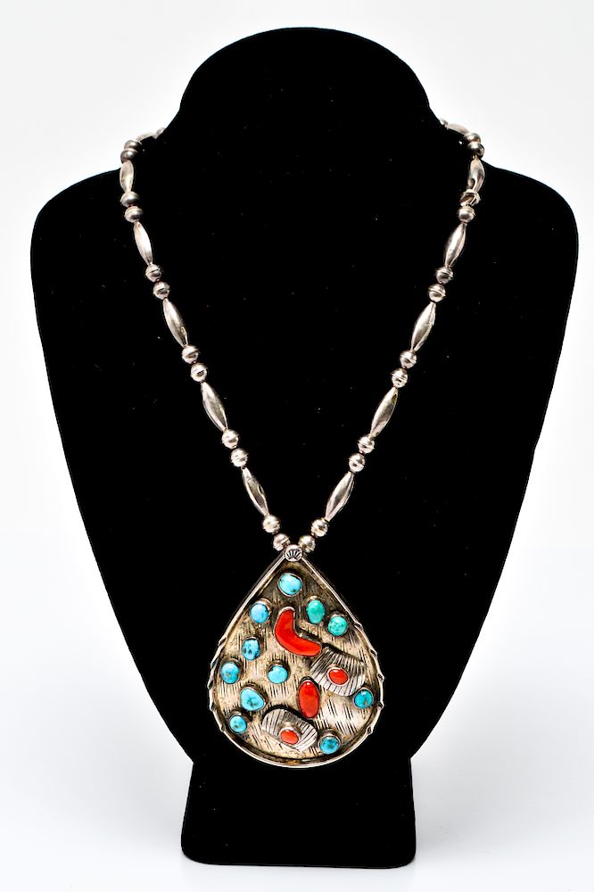 Appraisal: Southwestern Silver Turquoise Coral Necklace Southwestern Native American silver necklace