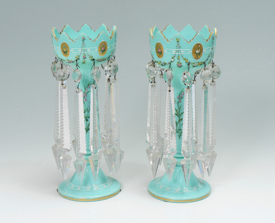 Appraisal: PAIR OPAQUE GREEN GLASS LUSTERS LUSTRES Unusual petite size with