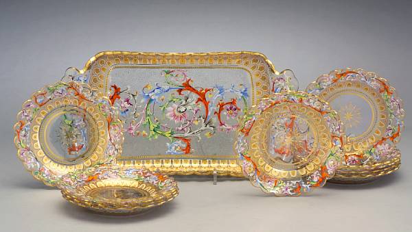 Appraisal: An Austrian polychrome and gilt decorated glass ice cream set