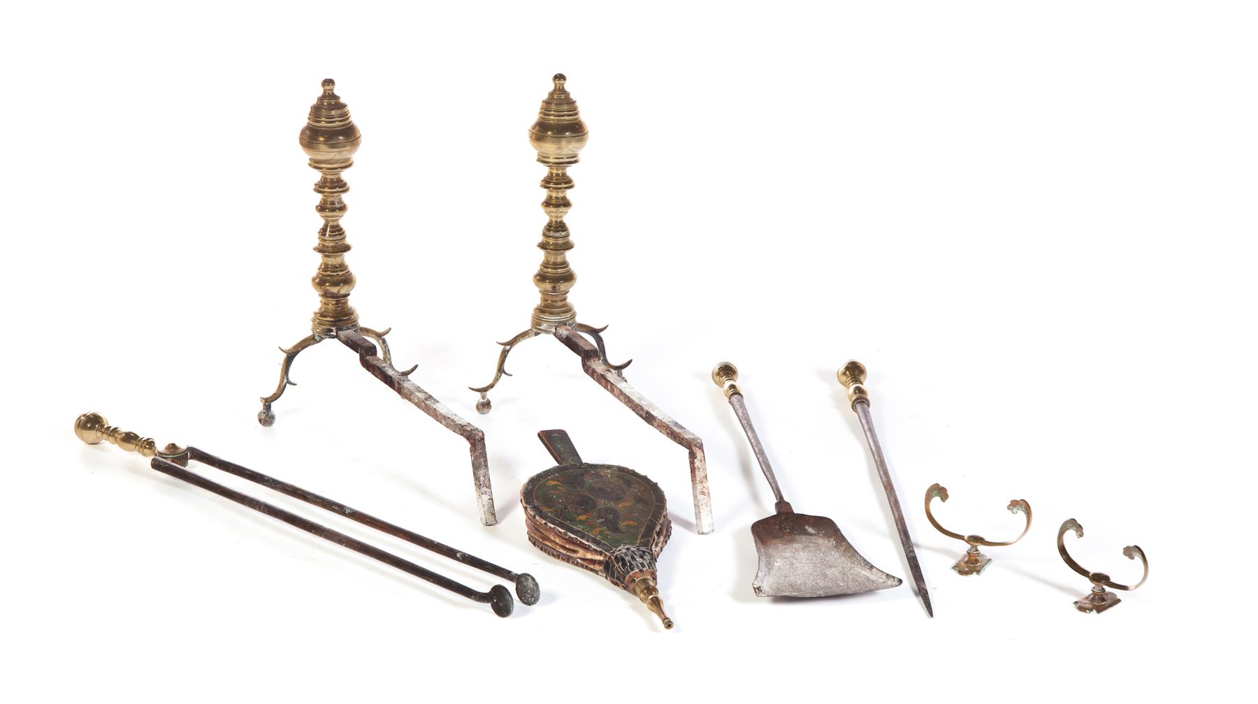 Appraisal: GROUP OF AMERICAN FIREPLACE ACCESSORIES Nineteenth century Brass seamed andirons