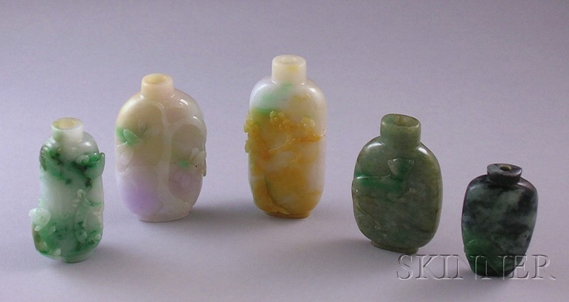 Appraisal: Five Asian Carved Stone Snuff Bottles two dark green with