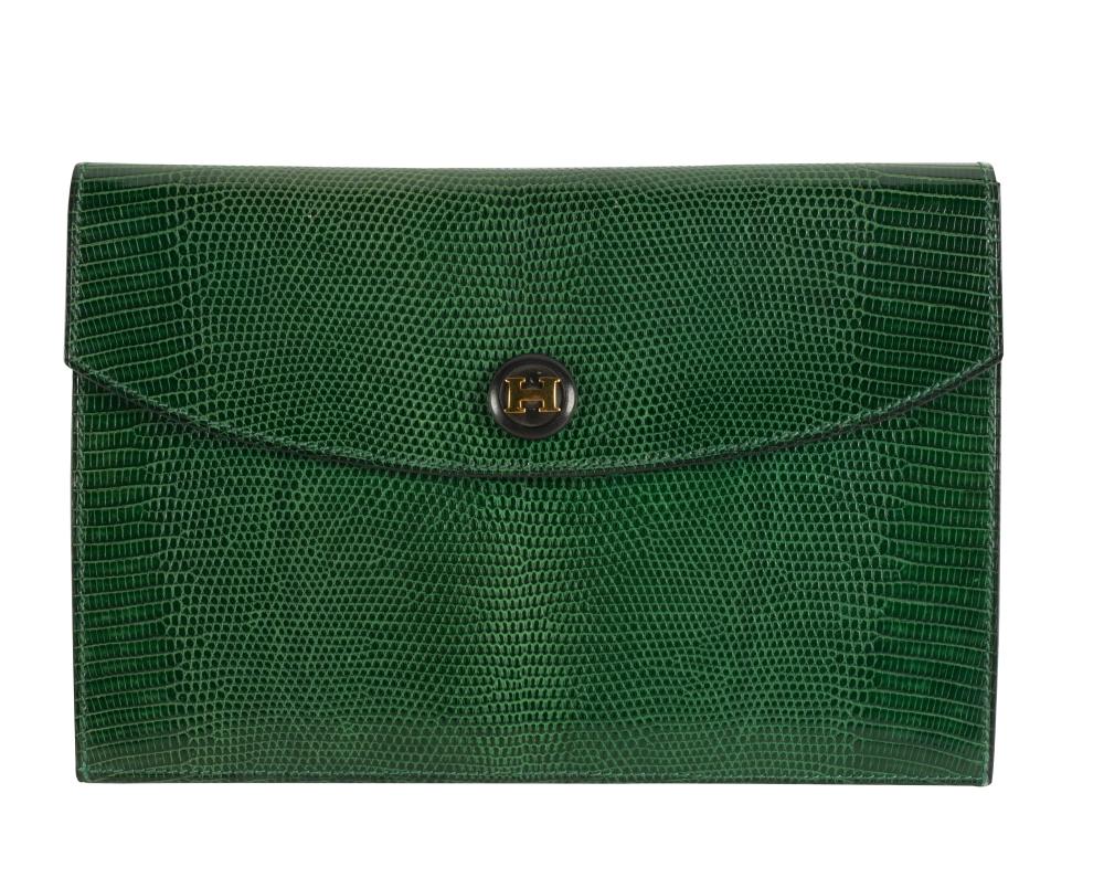 Appraisal: HERMES RIO H CLUTCH GREEN LIZARDcirca snap closure x inches