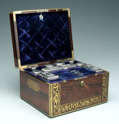 Appraisal: Brass inlaid rosewood dressing box extensive brass inlay with recessed