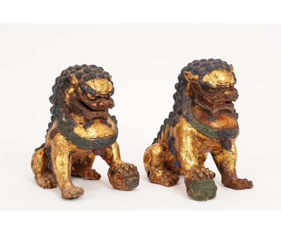 Appraisal: Pair of gilt metal Chinese Foo Dogs very heavy h