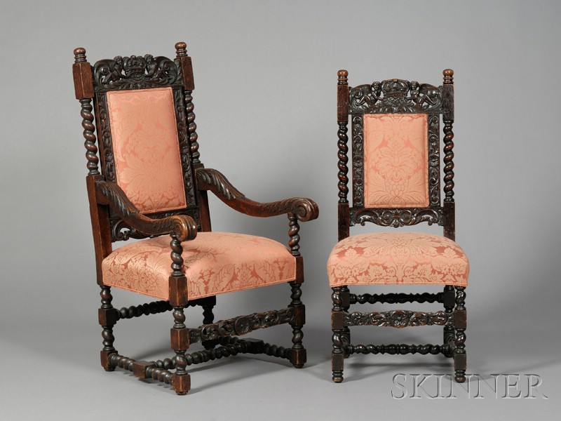 Appraisal: Set of Eight Charles II Style Carved Oak Dining Chairs