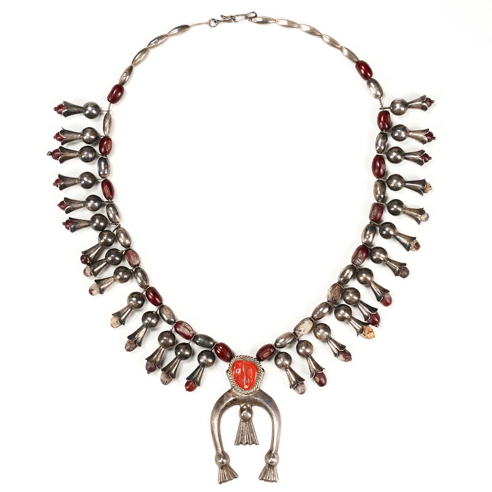 Appraisal: Silver Squash Blossom Coral Bean Necklace One mid-twentieth century silver