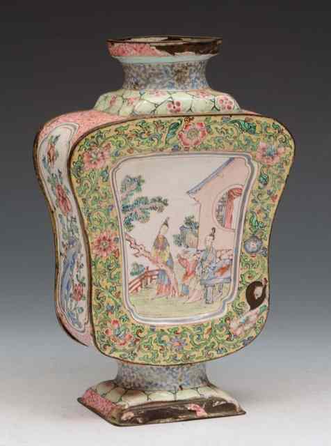 Appraisal: A CHINESE ENAMEL SHAPED VASE having panels of figures in