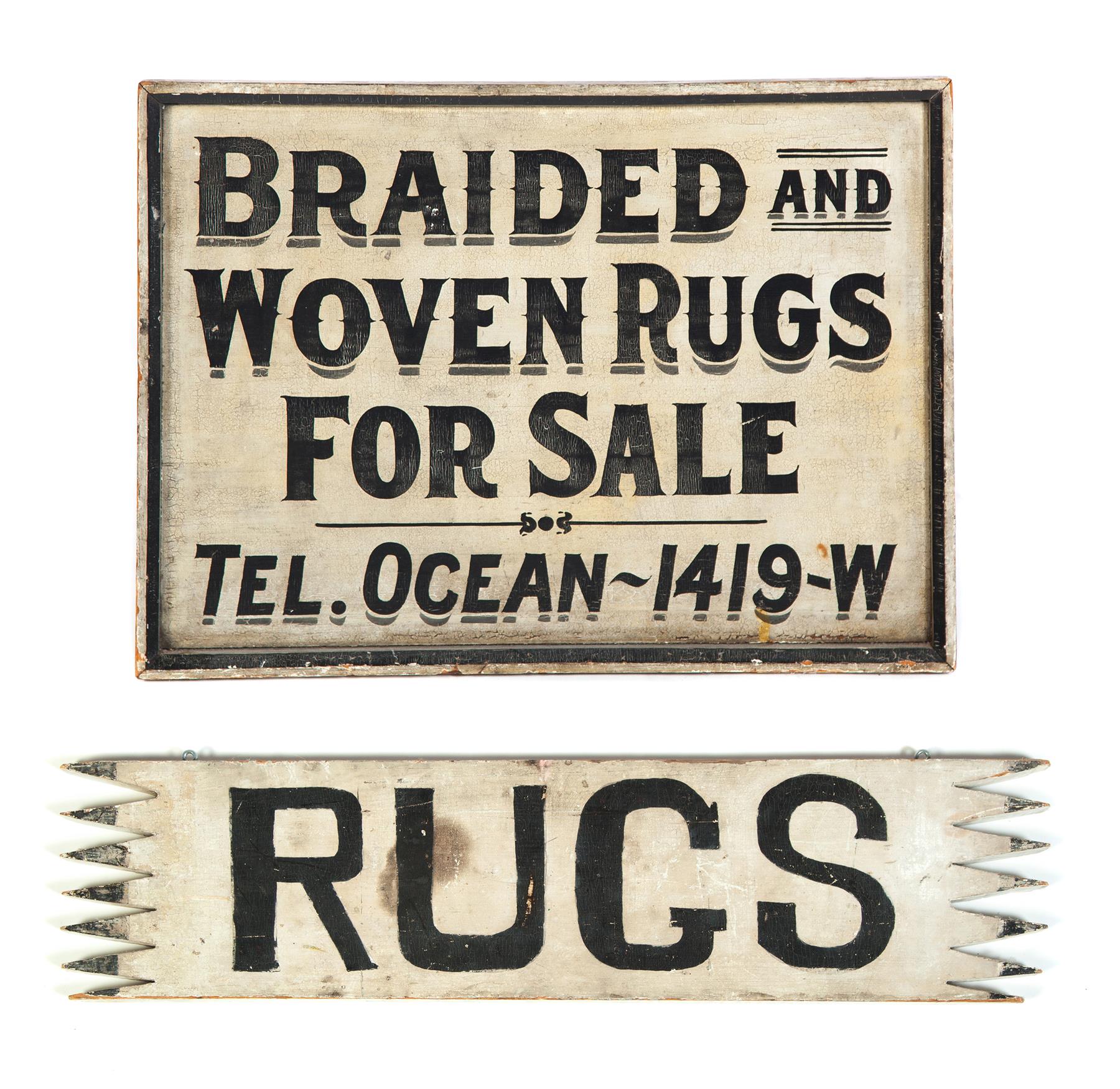 Appraisal: TWO AMERICAN RUG TRADE SIGNS Early th century Wooden signs