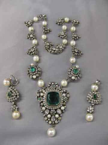 Appraisal: Antique French Paste Sterling Necklace Earrings genuine pearls faux emeralds