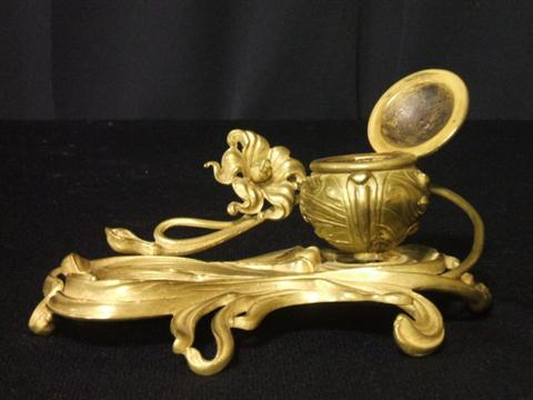 Appraisal: ART NOUVEAU BRASS INKWELL With foliate scroll base a small