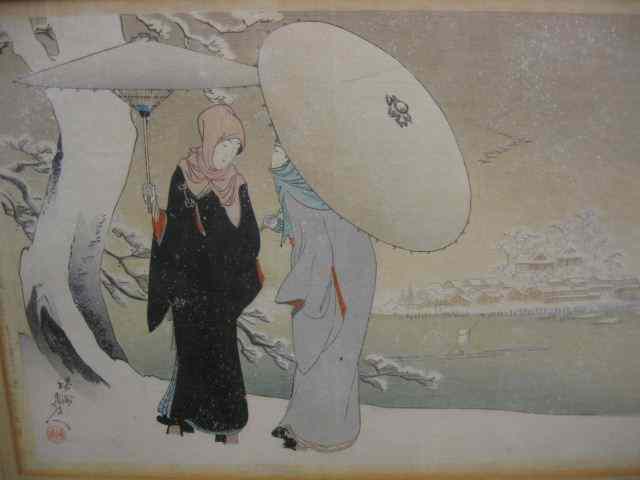 Appraisal: Japanese Woodblock Print winter scene with ladies '' x ''