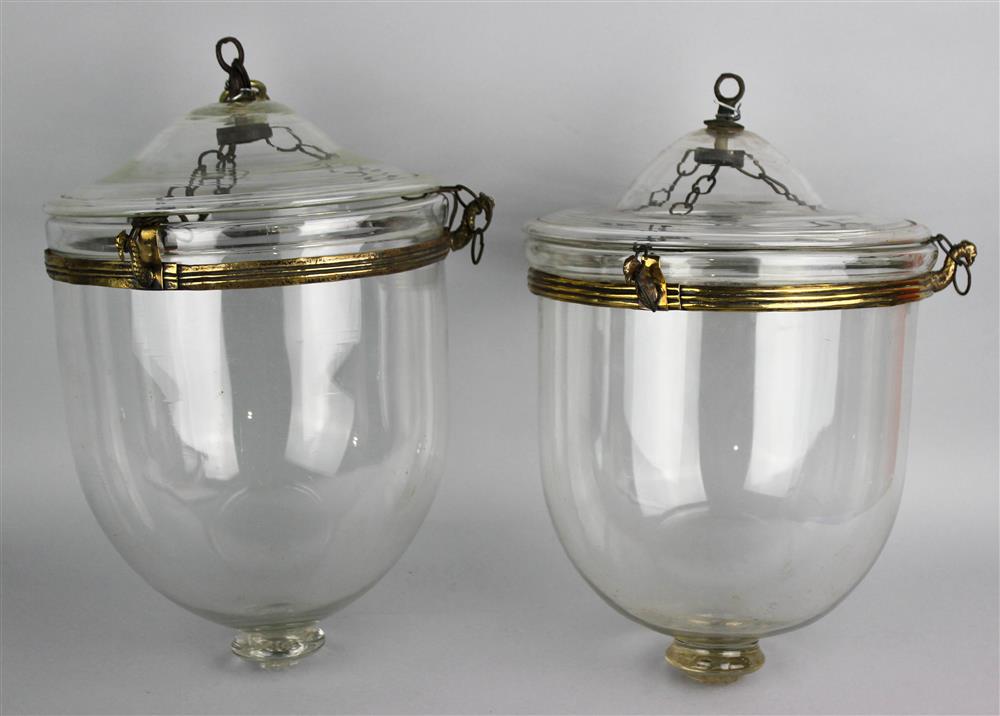 Appraisal: PAIR OF GEORGIAN STYLE BRASS BOUND HALL LANTERNS TH CENTURY