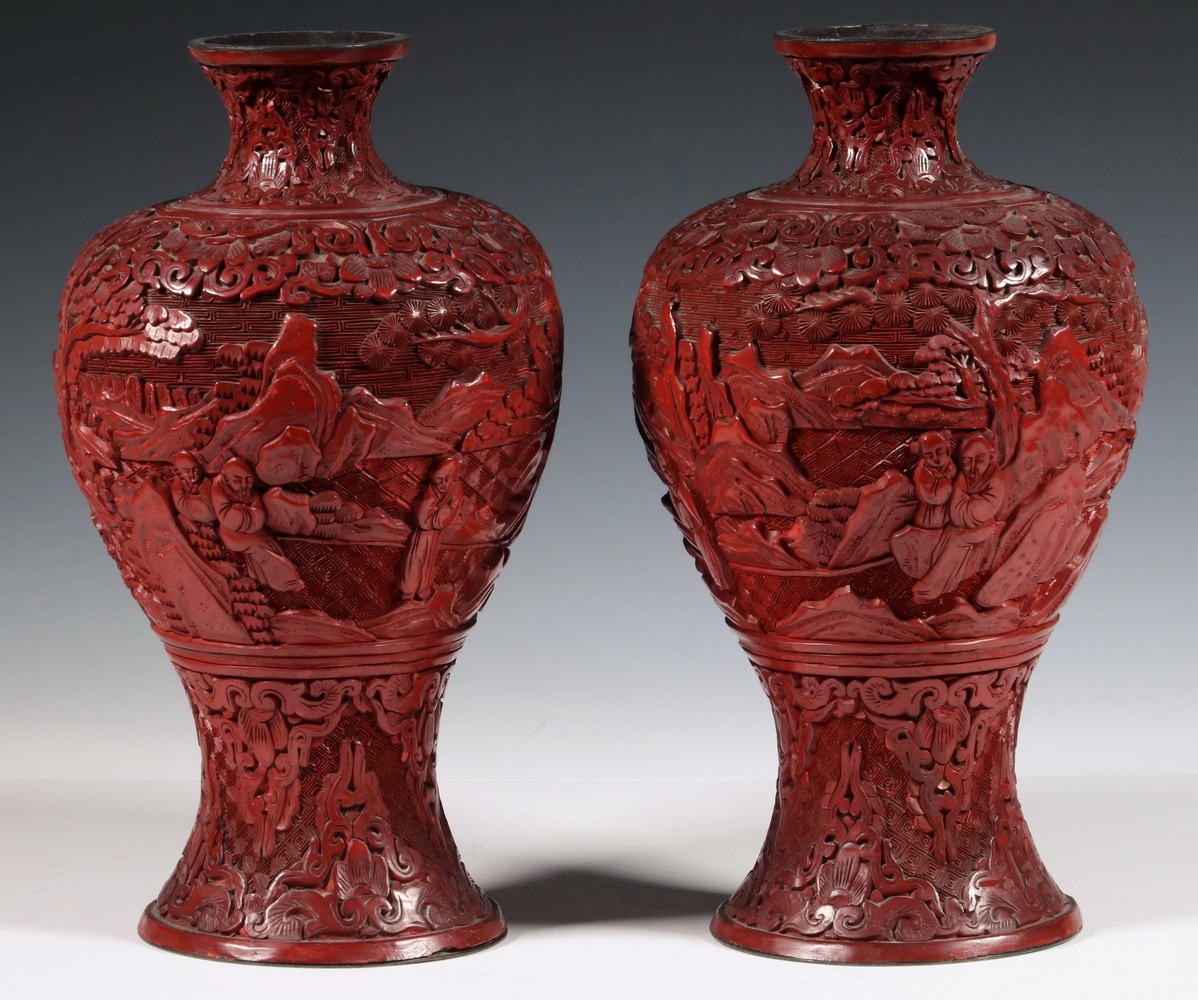 Appraisal: PR CHINESE CINNABAR VASES Pair of Chinese Carved Cinnabar Vases