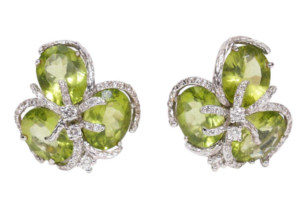 Appraisal: K WHITE GOLD PERIDOT DIAMOND EARRINGSPeridot and diamond earrings in