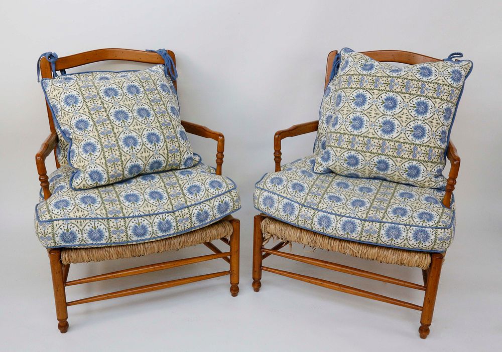 Appraisal: Pair of French Provincial Cherry Rush Seat Armchairs Pair of