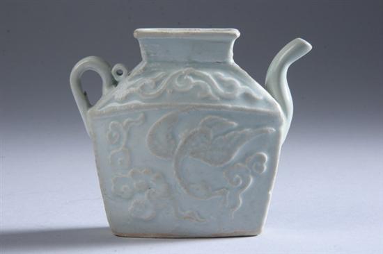 Appraisal: RARE CHINESE QINGBAI PORCELAIN EWER Yuan Dynasty Flattened-form molded with