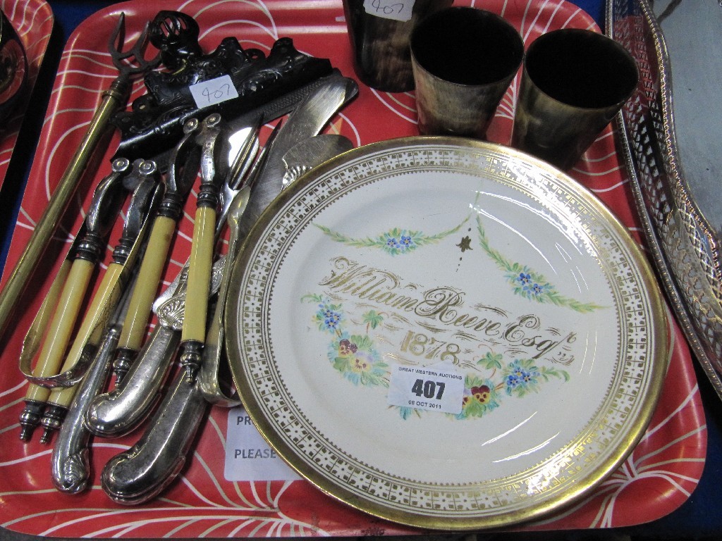 Appraisal: Tray lot - horn cups toasting fork cutlery Victorian plate