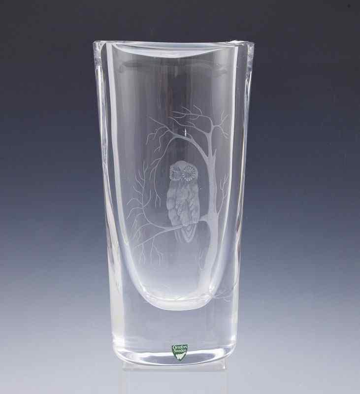 Appraisal: ORREFORS SWEDISH CRYSTAL VASE Etched owl design ' x ''