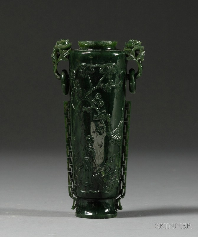 Appraisal: Jade Vase stone of a dark spinach green color cylindrical