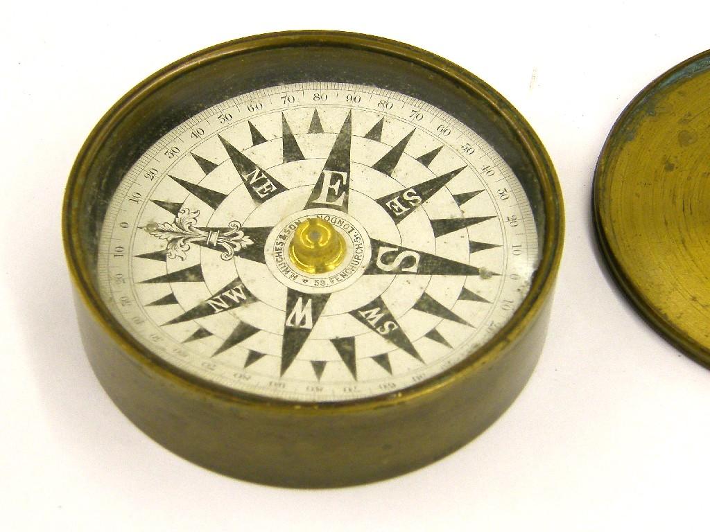 Appraisal: Circular brass pocket compass by H Hughes Son London diameter