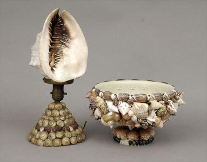 Appraisal: Shell-Encrusted Table Lamp with Conch Shell Shade Together with a