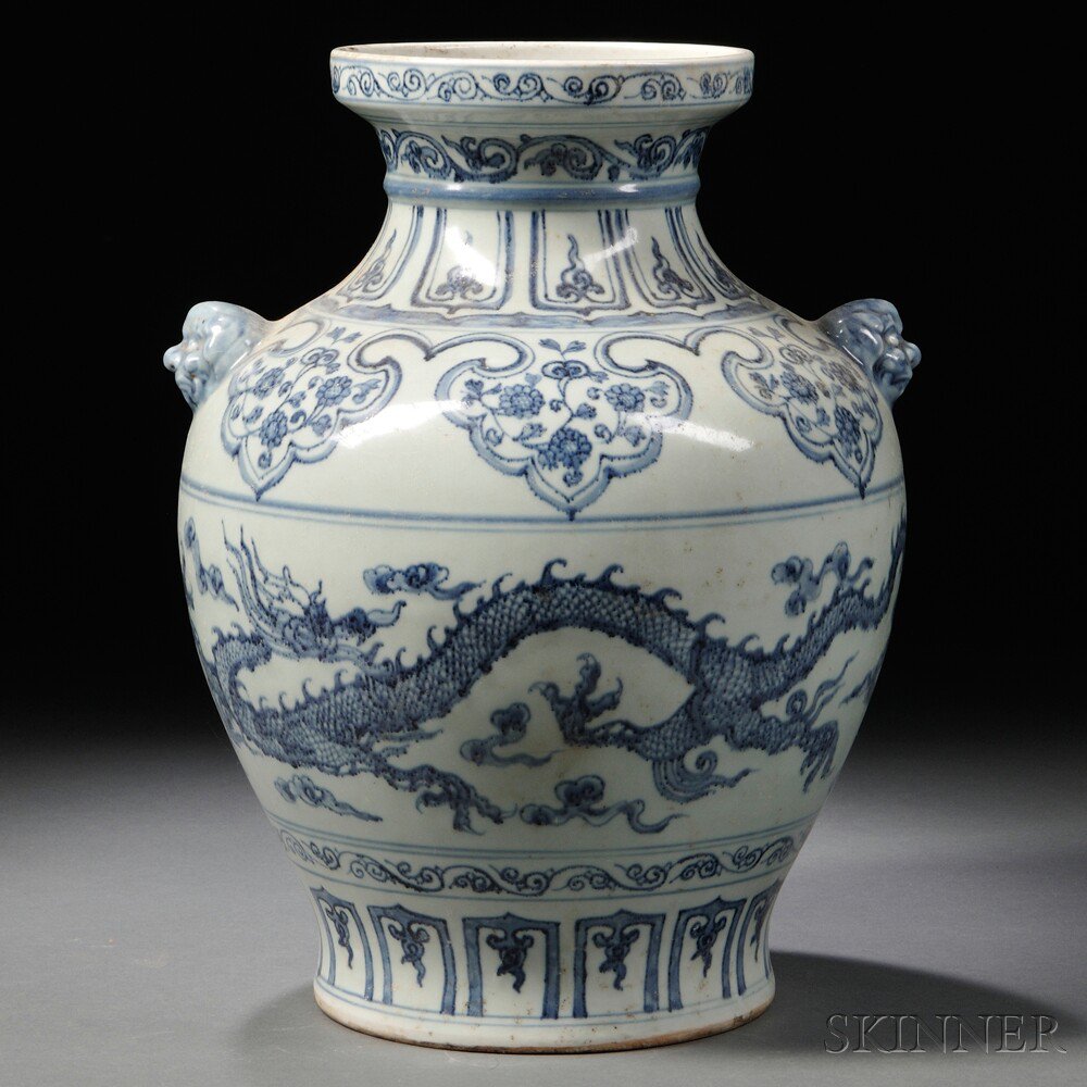 Appraisal: Blue and White Vase China Yuan style baluster-form with lion-head