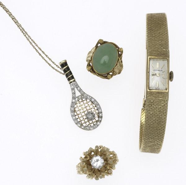 Appraisal: GOLD JEWELRY AND GUBELIN WATCH Four pieces th C k