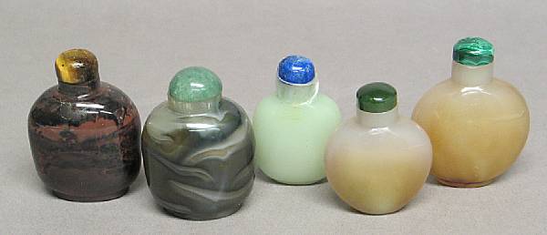 Appraisal: Five snuff bottles Two of flattened globular shape simulating agate