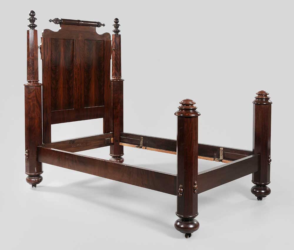 Appraisal: Classical Figured Mahogany Bedstead American th century paneled headboard with