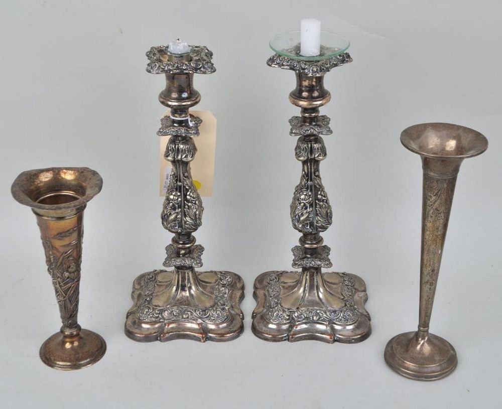 Appraisal: Pair S P Candlesticks Two Weighted Sterling Vases the pair