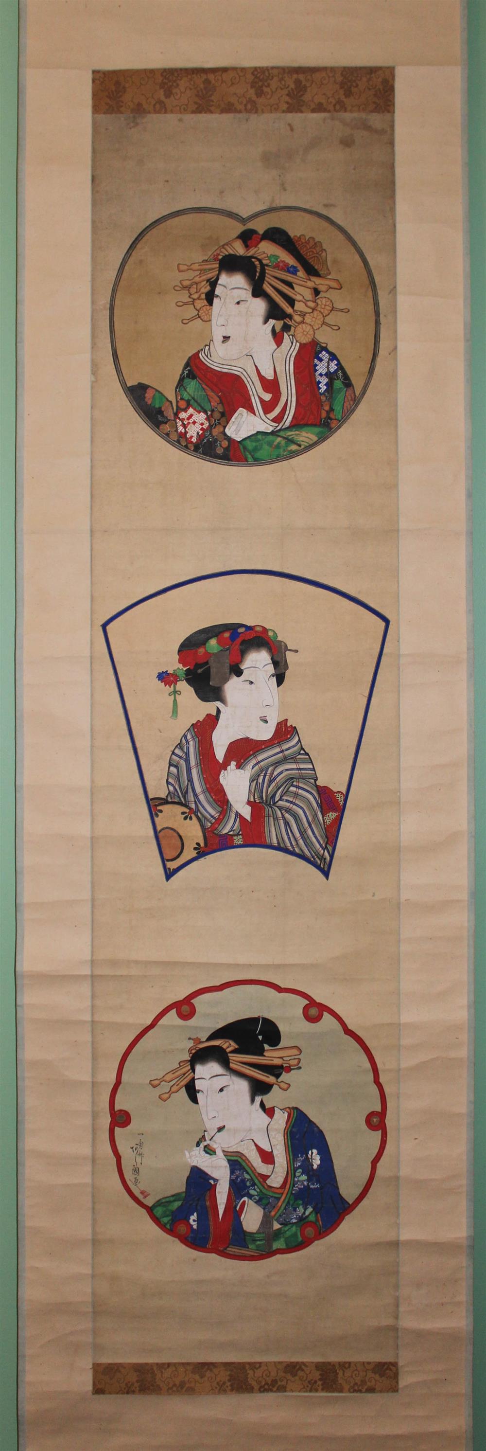 Appraisal: ASAYAMA ASHIKUNI JAPANESE - THREE COURTESANS FROM OSAKA Ink and