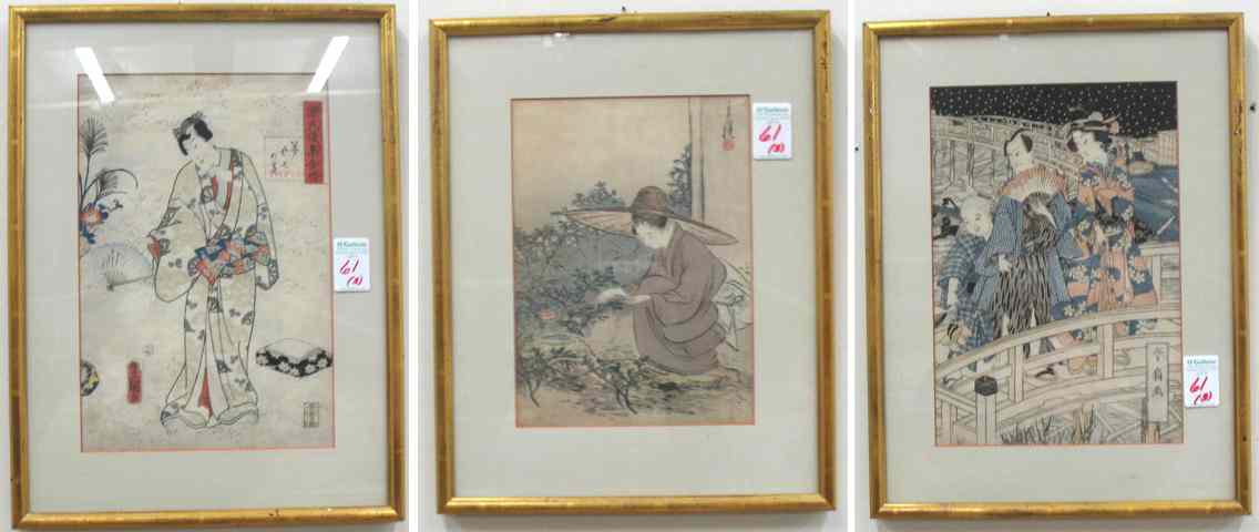 Appraisal: THREE JAPANESE COLOR WOODCUTS Toyokuni II - woman standing holding