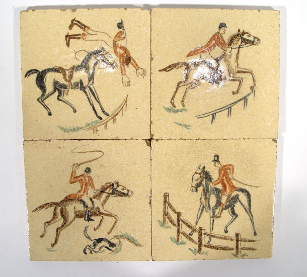 Appraisal: Four Carters tiles each hand painted with huntsmen on horseback