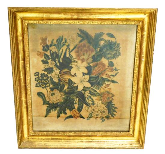 Appraisal: th C theorem painting on tan velvet depicting hand-painted bouquet