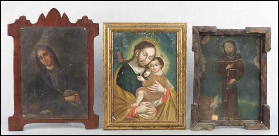 Appraisal: THREE MEXICAN FRAMED PAINTED TIN RETABLO Largest '' x ''