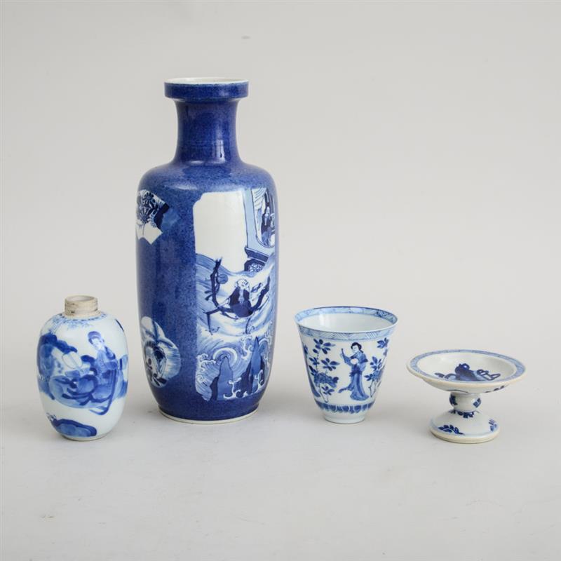 Appraisal: FOUR CHINESE BLUE AND WHITE PORCELAIN ARTICLES Comprising a figural